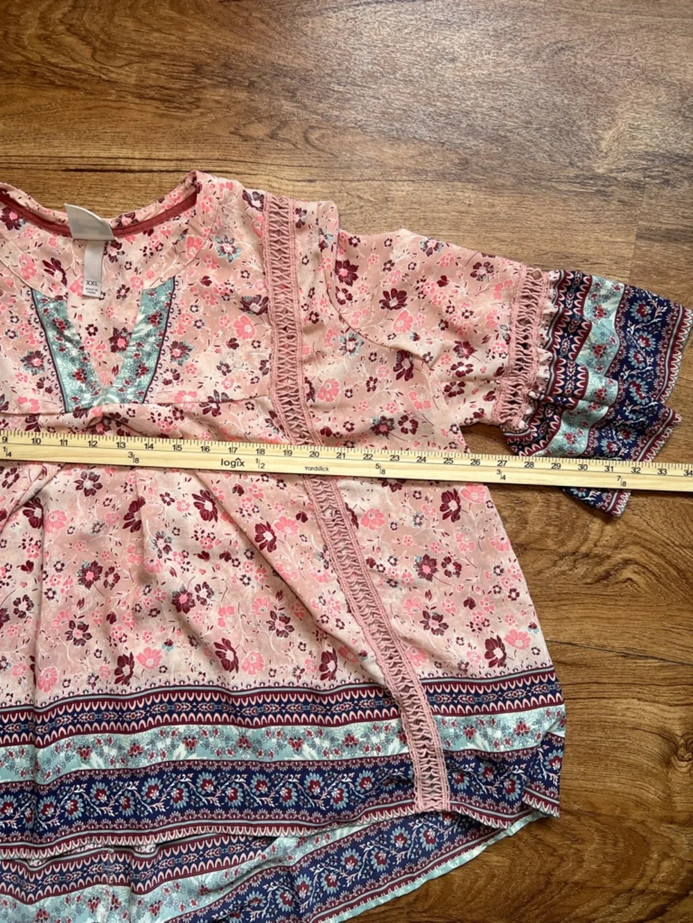 Knox Rose XXL Pink Floral Boho Peasant Blouse Bell Sleeve Top - Picture 3 of 9